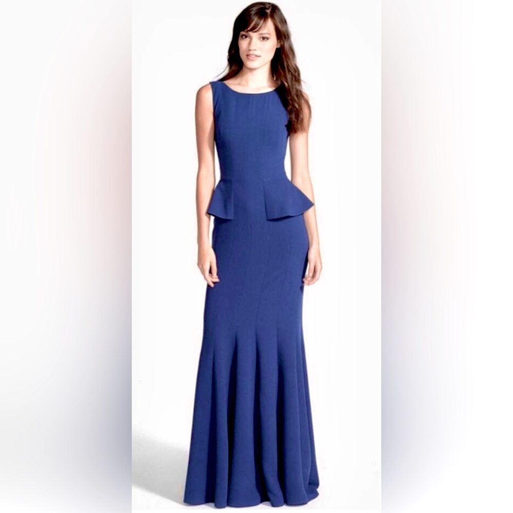 BCBGMaxAzria Sleeveless Francesca Godet Peplum Gown in Dark Ink Blue
